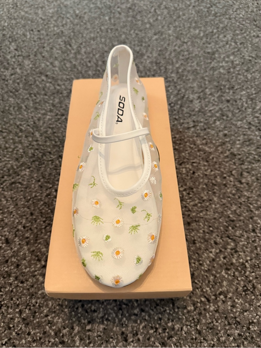 Soda White Mary Jane Flats with Orange Daisy Embroidery